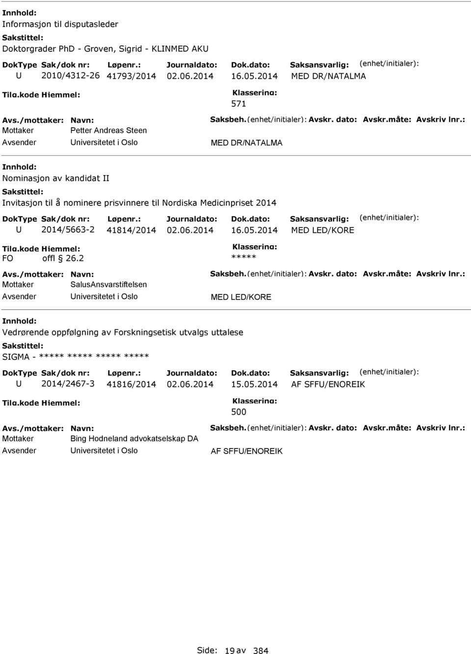 2014 MED LED/KORE FO offl 26.2 ***** Avs./mottaker: Navn: Saksbeh. Avskr. dato: Avskr.måte: Avskriv lnr.