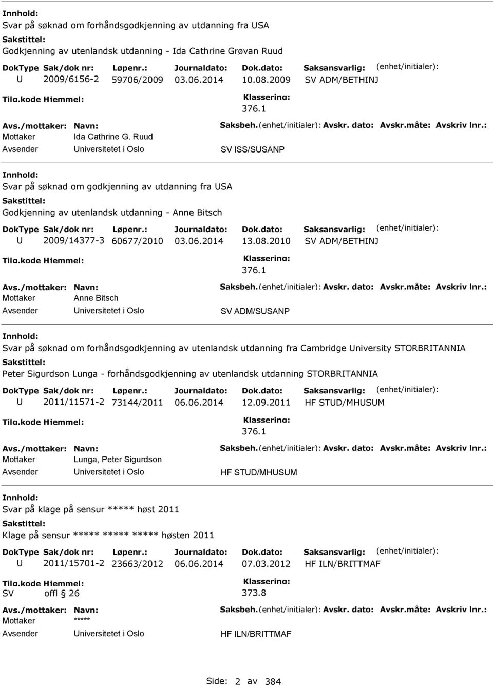 Ruud niversitetet i Oslo SS/SSANP Svar på søknad om godkjenning av utdanning fra SA Godkjenning av utenlandsk utdanning - Anne Bitsch 2009/14377-3 60677/2010 13.08.2010 ADM/BETHNJ 376.1 Avs.