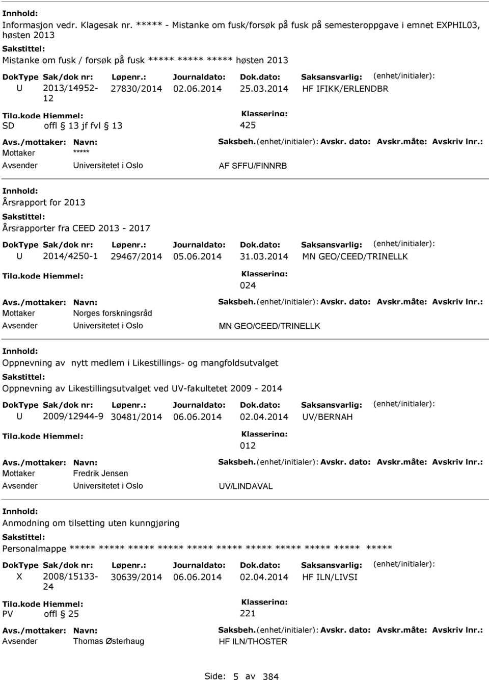 /mottaker: Navn: Saksbeh. Avskr. dato: Avskr.måte: Avskriv lnr.: niversitetet i Oslo AF SFF/FNNRB Årsrapport for 2013 Årsrapporter fra CEED 2013-2017 2014/4250-1 29467/2014 31.03.