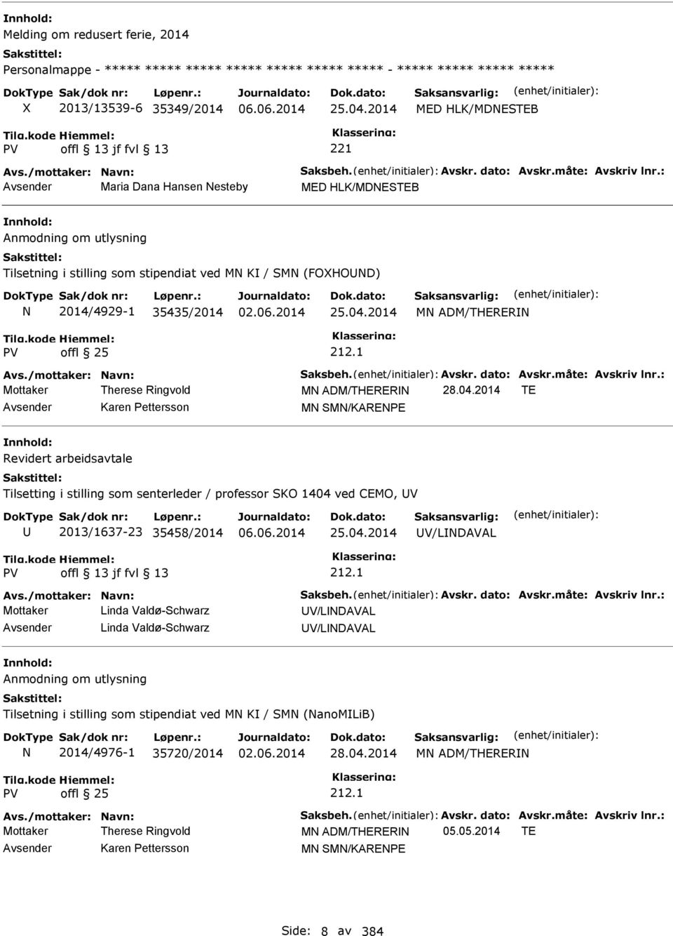 2014 MN ADM/THERERN 212.1 Avs./mottaker: Navn: Saksbeh. Avskr. dato: Avskr.måte: Avskriv lnr.: Mottaker Therese Ringvold MN ADM/THERERN 28.04.