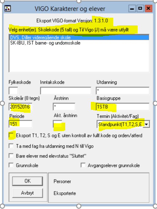 Eksport Felttet TIL VIGO = J på enhet, programområde, basisgruppe, elev, fag Kar. IV på Orden og Atferd = varsel i eksportfila = elev kommer ikke med i eksporten Akt.årstrinn IKKE stjerne(!