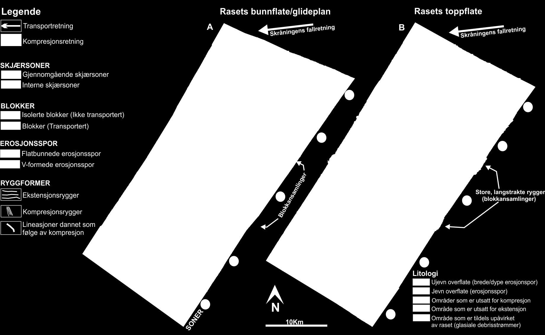 T. FJELLAKSEL KAPITTEL 5 DISKUSJON Figur 5-2: (A) Tolkningskart av glideplanet for Sklinnadjupraset og (B) tolkningskart av toppflaten for