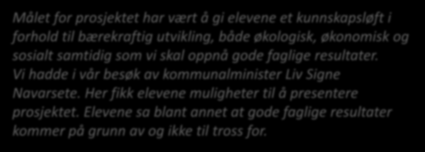 Hvordan har du som lærer/leder opplevd prosjektet Målet for prosjektet har vært å gi elevene et kunnskapsløft i forhold til bærekraftig utvikling, både økologisk, økonomisk og sosialt samtidig som vi