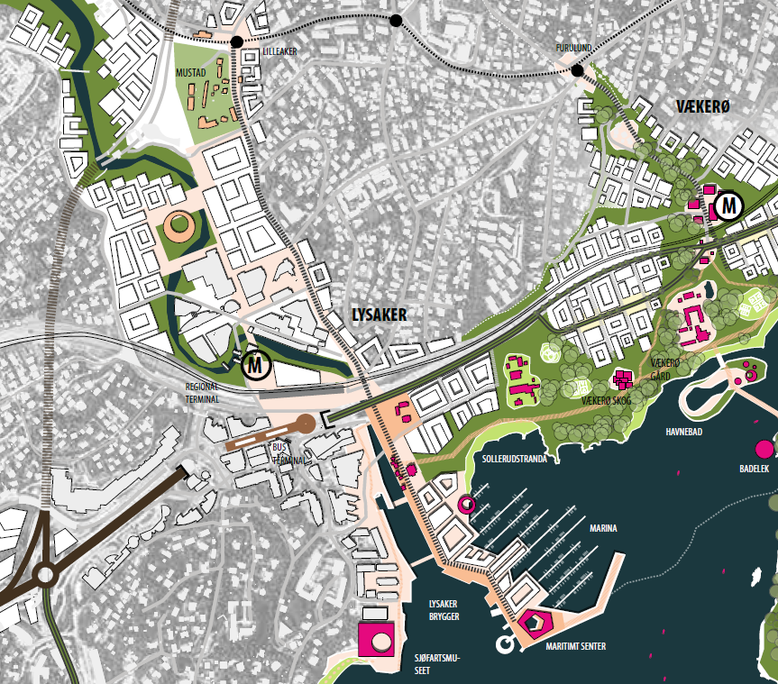 gjennomføring av stasjonen for Fornebubanen. Planene for ny E18 legger til rette for ny og samlet busstasjon/terminal på Lysaker.