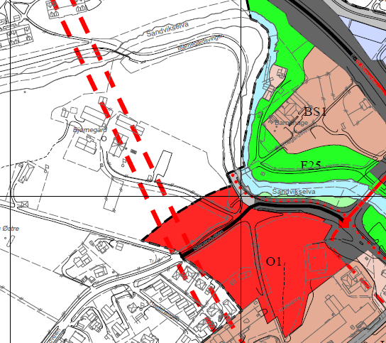 Kartskissen viser utstrekning av område O1 (offentlig bygning) i kommunedelplan for Sandvika. Området har en størrelse på ca. 20 dekar.