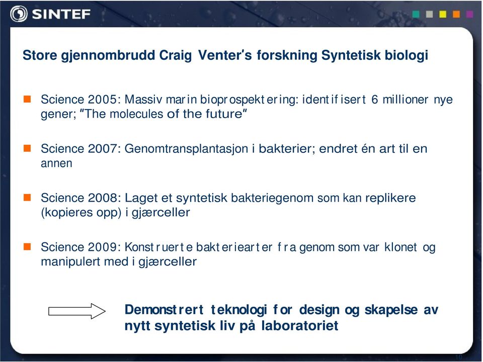 2008: Laget et syntetisk bakteriegenom som kan replikere (kopieres opp) i gjærceller Science 2009: Konst r uer t e bakt er iear t er f