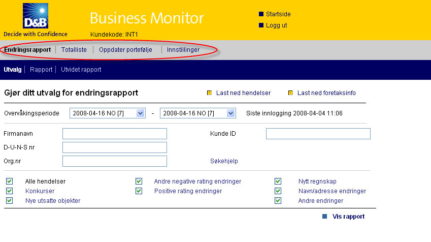 HOVEDMENY Endringsrapport Her vises skjermbildet utvalg for endringer. Her velger du hvilke endringer du ønsker vist i endringsrapporten Totalliste Her vises skjermbildet for Utvalg totalliste.