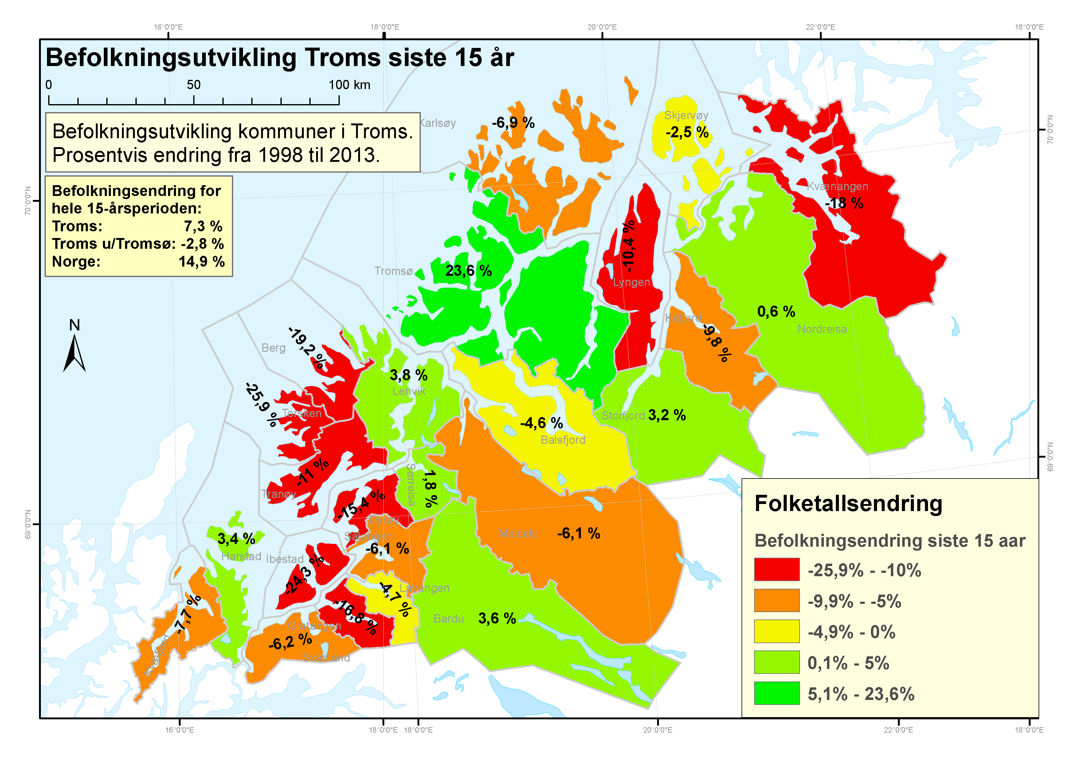 Demografisk utvikling Kartet viser utvikling i folketall de siste 15 årene i Troms-kommunene.
