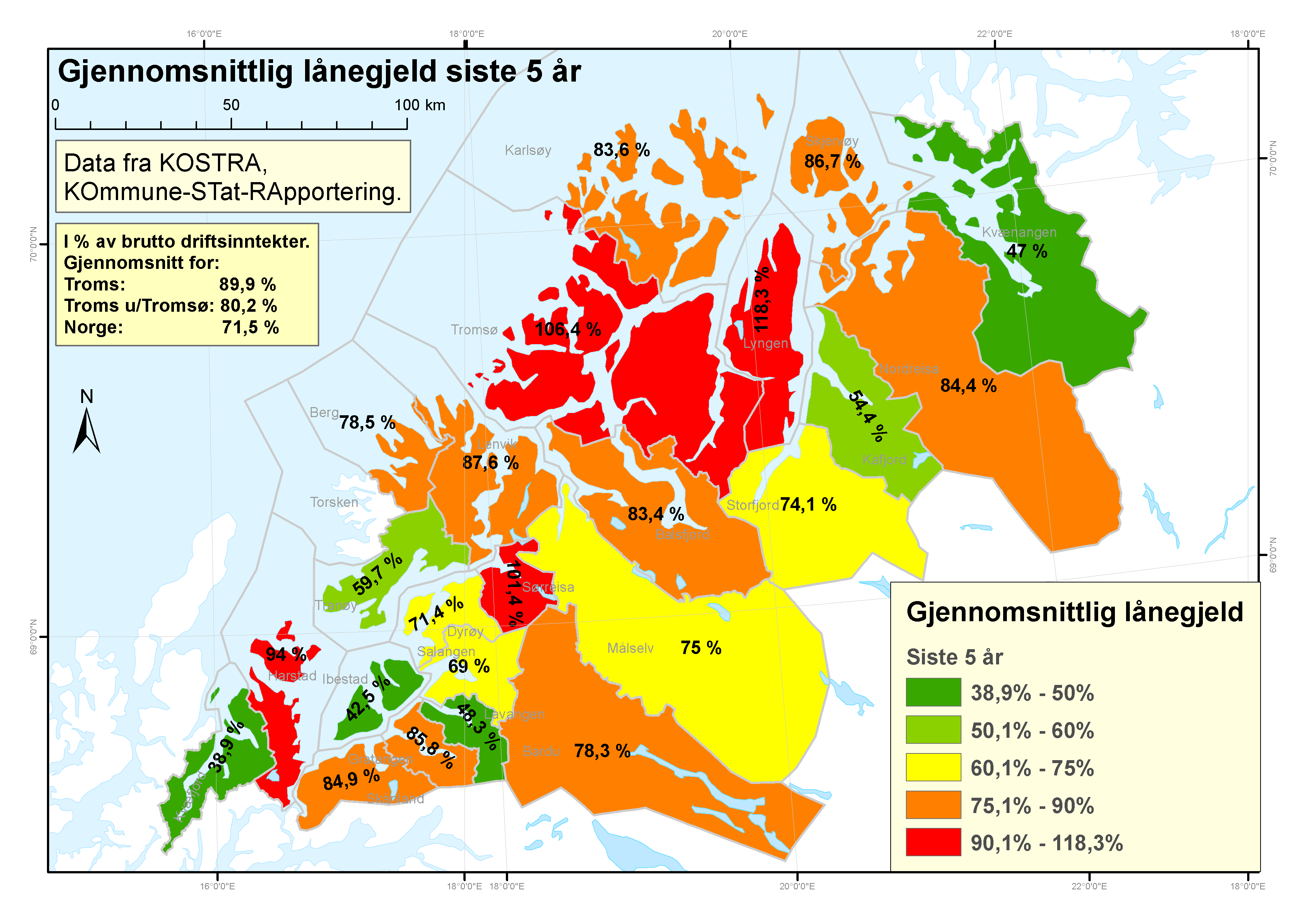Kommunene Lyngen, Tromsø, Sørreisa og Harstad har hatt høyest gjeldsnivå i gjennomsnitt de siste 5 årene. Kommunene Kvæfjord, Ibestad, Kvænangen og Lavangen har lavest lånegjeld.