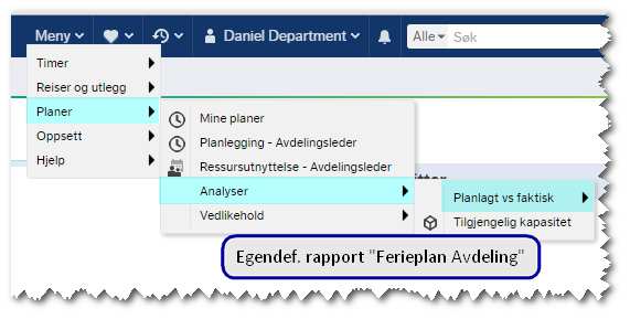 Avdelingsleder: Jeg trenger oversikt over planlagt ferie og avspasering den neste tiden Eget produkt, fraværs planlegging Eksempel 1 Analysekube -