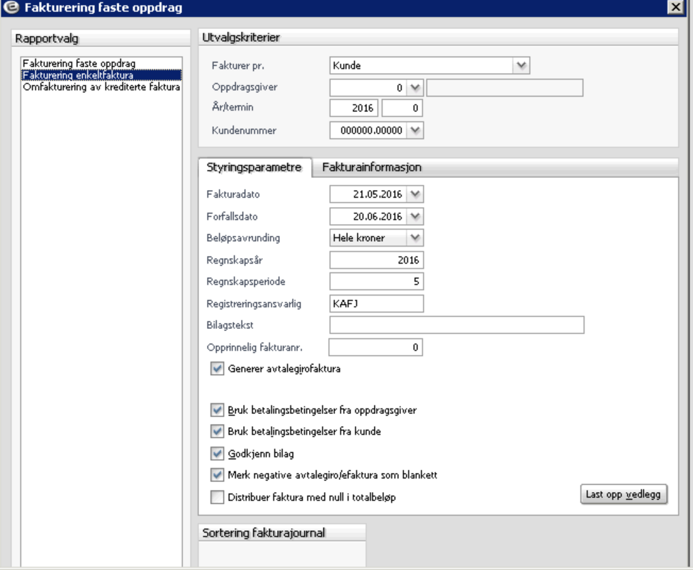Alternativer for fakturering Faste oppdrag Fakturering enkeltfaktura: Denne rutinen har felles parametere som ved fakturering faste oppdrag bortsett fra følgende: Kundenummer: Angi det kundenummer du