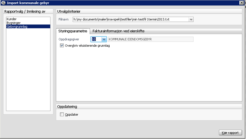 Trinn 3- Import av Gebyrgrunnlag : Ved import av gebyrgrunnlag er det en forutsetning at trinn 1 og 2 er kjørt først, slik at bygningene som skal ha gebyrgrunnlag finnes i Enterprise Fakturering, og