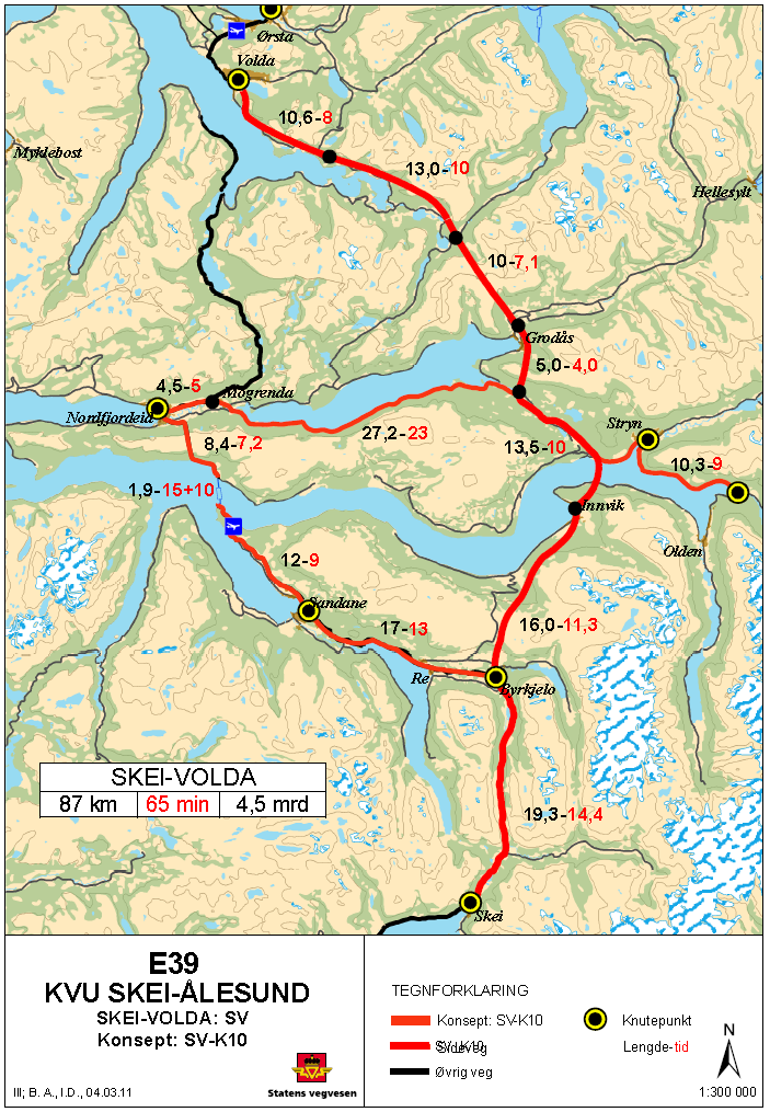 Riksvegar Sogn- og Fjordane KVU Skei-Ålesund SV-K10 indre linje (Skei-Volda) vart vedteken av regjeringa 2014 Totalkostnad 4,5 mrd.