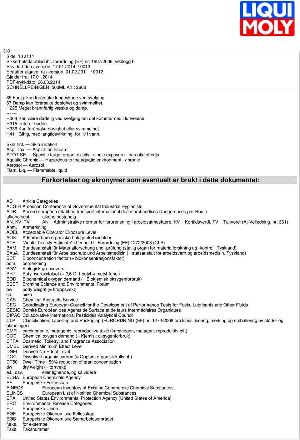 Skin Irrit. Skin irritation Asp. Tox.