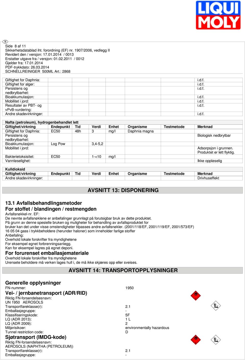 nedbrytbarhet: Bioakkumulasjon: Log Pow 3,4-5,2 Mobilitet i jord: Bakterietoksisitet: EC50 1-<10 mg/l Vannløselighet: Adsorpsjon i grunnen. Produktet er lett flyktig.