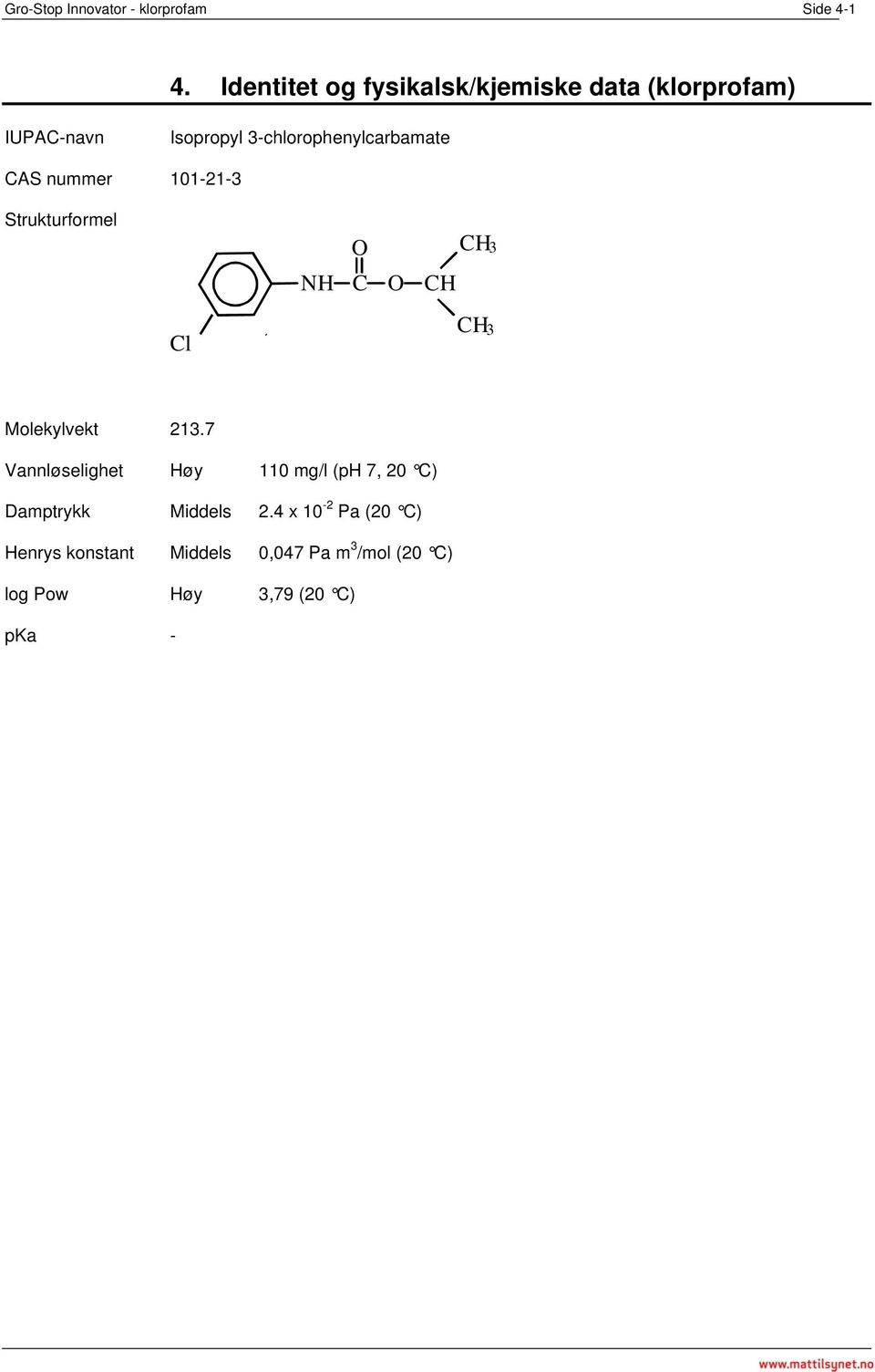 3-chlorophenylcarbamate CAS nummer 101-21-3 Strukturformel Cl O NH C O CH CH 3 CH 3