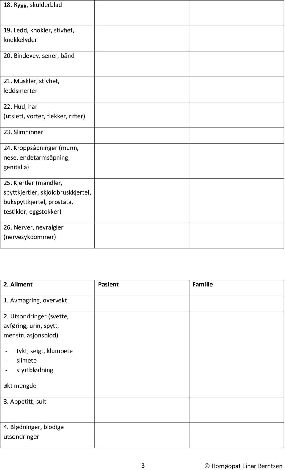 Kjertler (mandler, spyttkjertler, skjoldbruskkjertel, bukspyttkjertel, prostata, testikler, eggstokker) 26. Nerver, nevralgier (nervesykdommer) 2.