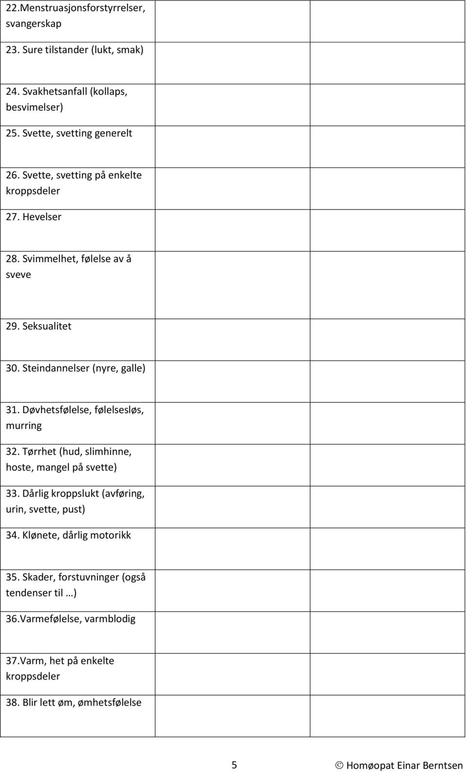 Døvhetsfølelse, følelsesløs, murring 32. Tørrhet (hud, slimhinne, hoste, mangel på svette) 33. Dårlig kroppslukt (avføring, urin, svette, pust) 34.