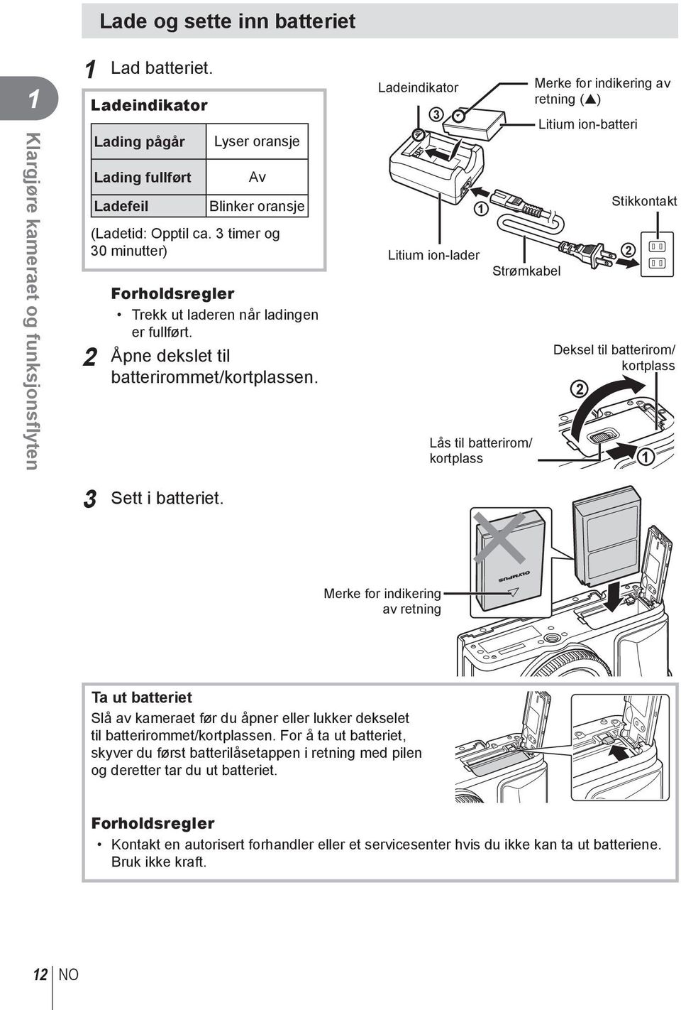 Ladeindikator 3 Litium ion-lader 1 Strømkabel Lås til batterirom/ kortplass Merke for indikering av retning ( ) Litium ion-batteri Stikkontakt Deksel til batterirom/ kortplass 1 3 Sett i batteriet.