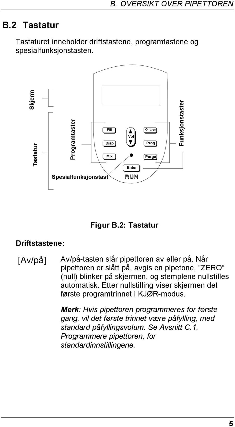 2: Tastatur Driftstastene: [Av/på] Av/på-tasten slår pipettoren av eller på.