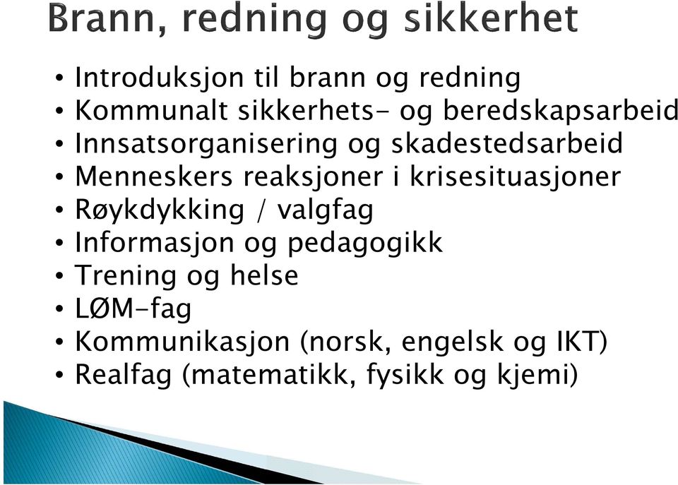 krisesituasjoner Røykdykking / valgfag Informasjon og pedagogikk Trening og