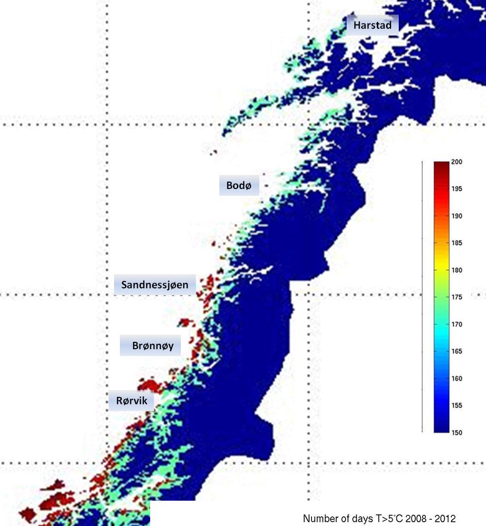 Antall dager per år > 5 o C 2008-12 Flåtten trenger 170-180 dager