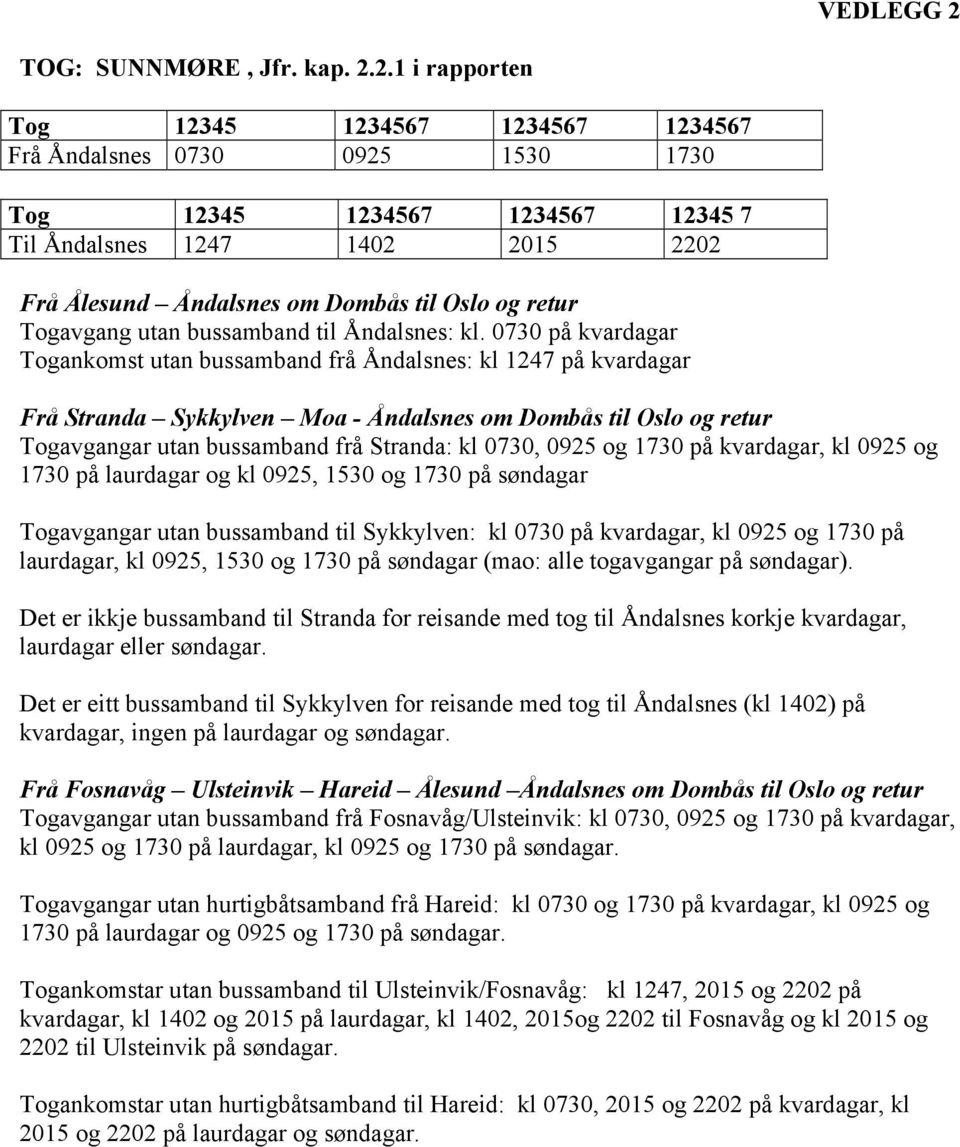 2.1 i rapporten Tog 12345 1234567 1234567 1234567 Frå Åndalsnes 0730 0925 1530 1730 Tog 12345 1234567 1234567 12345 7 Til Åndalsnes 1247 1402 2015 2202 Frå Ålesund Åndalsnes om Dombås til Oslo og