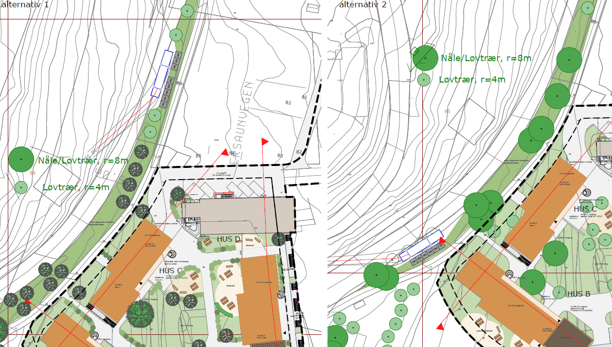 Langs Persaunvegen mellom kjørebane og gang- og sykkelveg Renovasjonspunkt etableres i grøntrabatten mellom kjørebanen og gang- og sykkelvegen.