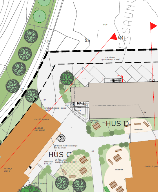 Løsning uten søppelsug eller nedgravde containere Store beholdere plassert i sokkel på hus C Løsning som foreslått ved innsending av planforslaget mai 2013, se utsnitt av illustrasjonsplanen.