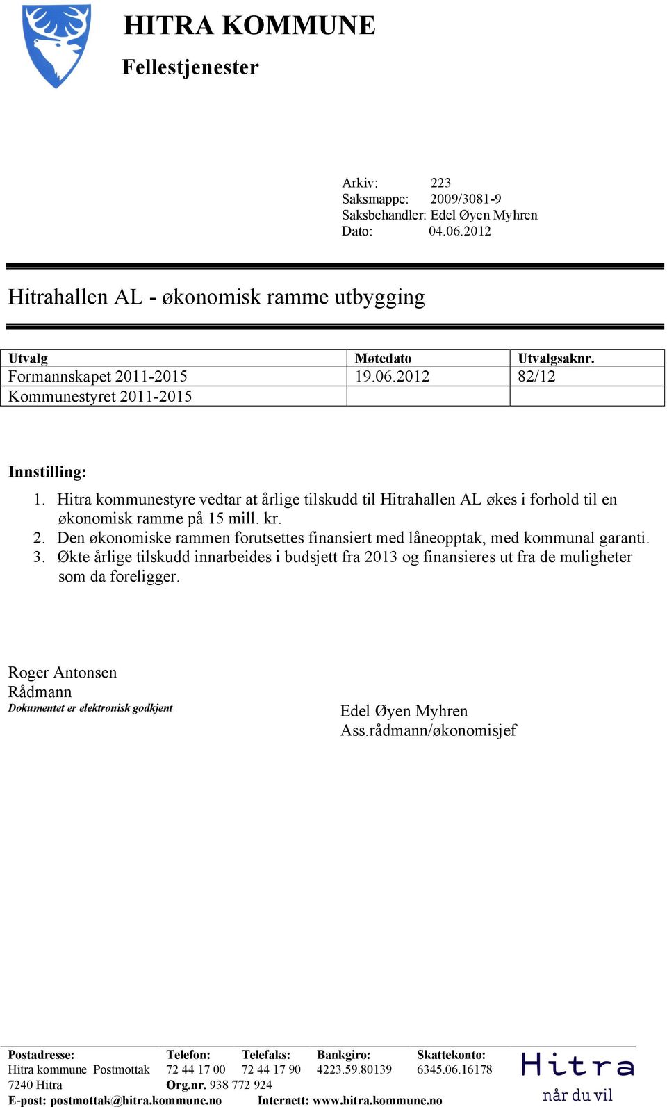 Hitra kommunestyre vedtar at årlige tilskudd til Hitrahallen AL økes i forhold til en økonomisk ramme på 15 mill. kr. 2.