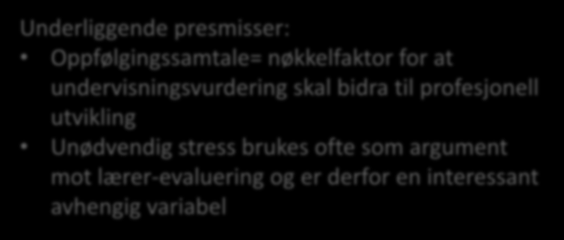 Artikkel 2 Opplevd nytte av oppfølgingssamtale Stress relatert til undervisningsvurdering Underliggende presmisser: Oppfølgingssamtale= nøkkelfaktor for at