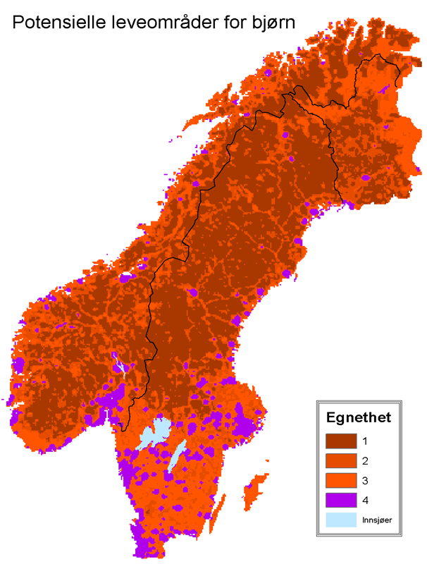 Figur 4. Kart over distribusjon av potensielle leveområder for bjørn i Skandinavia, delt opp i fire grader av egnethet, hvor 1 er best egnet. Figuren er hentet fra Lande et al.