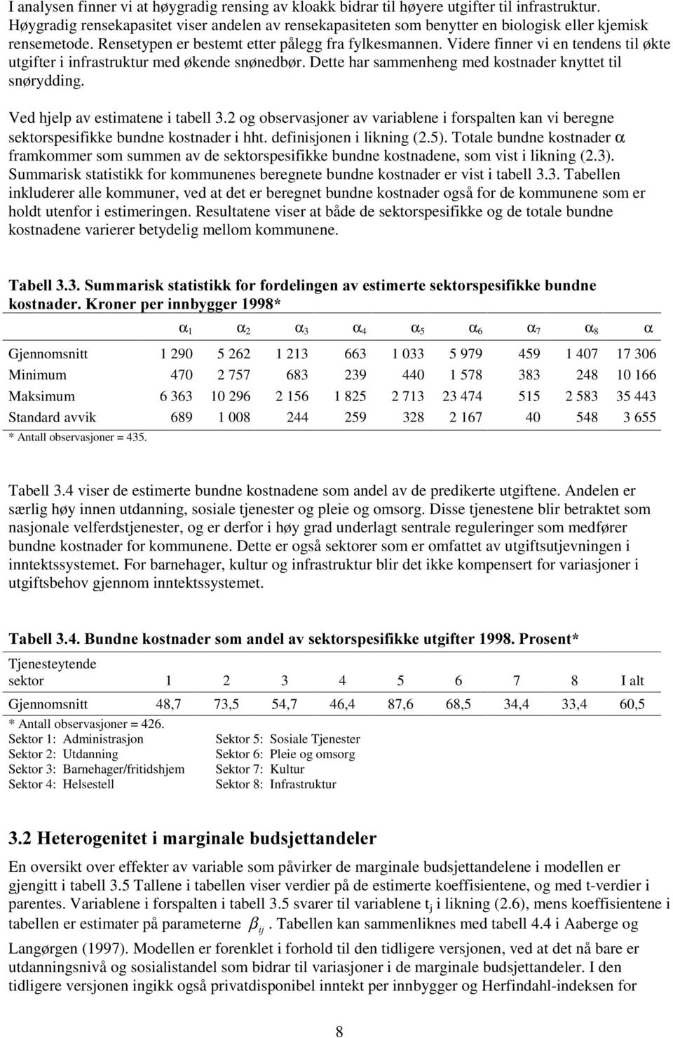 Videre finner vi en tendens til økte utgifter i infrastruktur med økende snønedbør. Dette har sammenheng med kostnader knyttet til snørydding. Ved hjelp av estimatene i tabell 3.