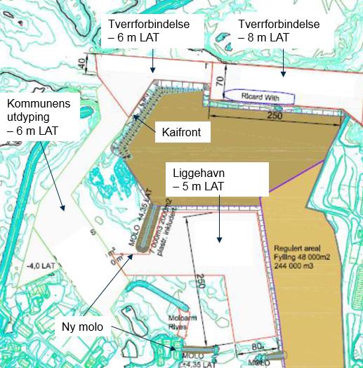 Tiltaket omfatter utdyping av ytterste (østre) del av hovedinnseilingen frem til passering av molo øst, til -10 m LAT. Bredden på hovedinnseilingen er satt til 80 m.