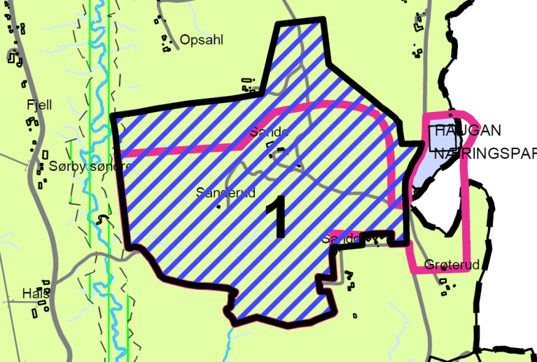 Område 1 ligger vest for Hauganveien går noe lenger nord enn område 64. Innspill 1 Haugan næringsområde.