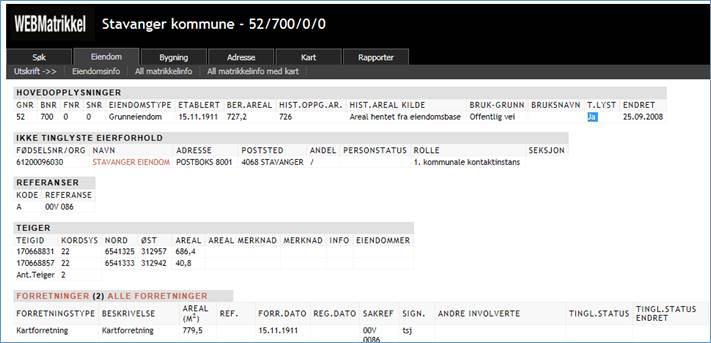 grunnboksblad for oppgitt eiendom.