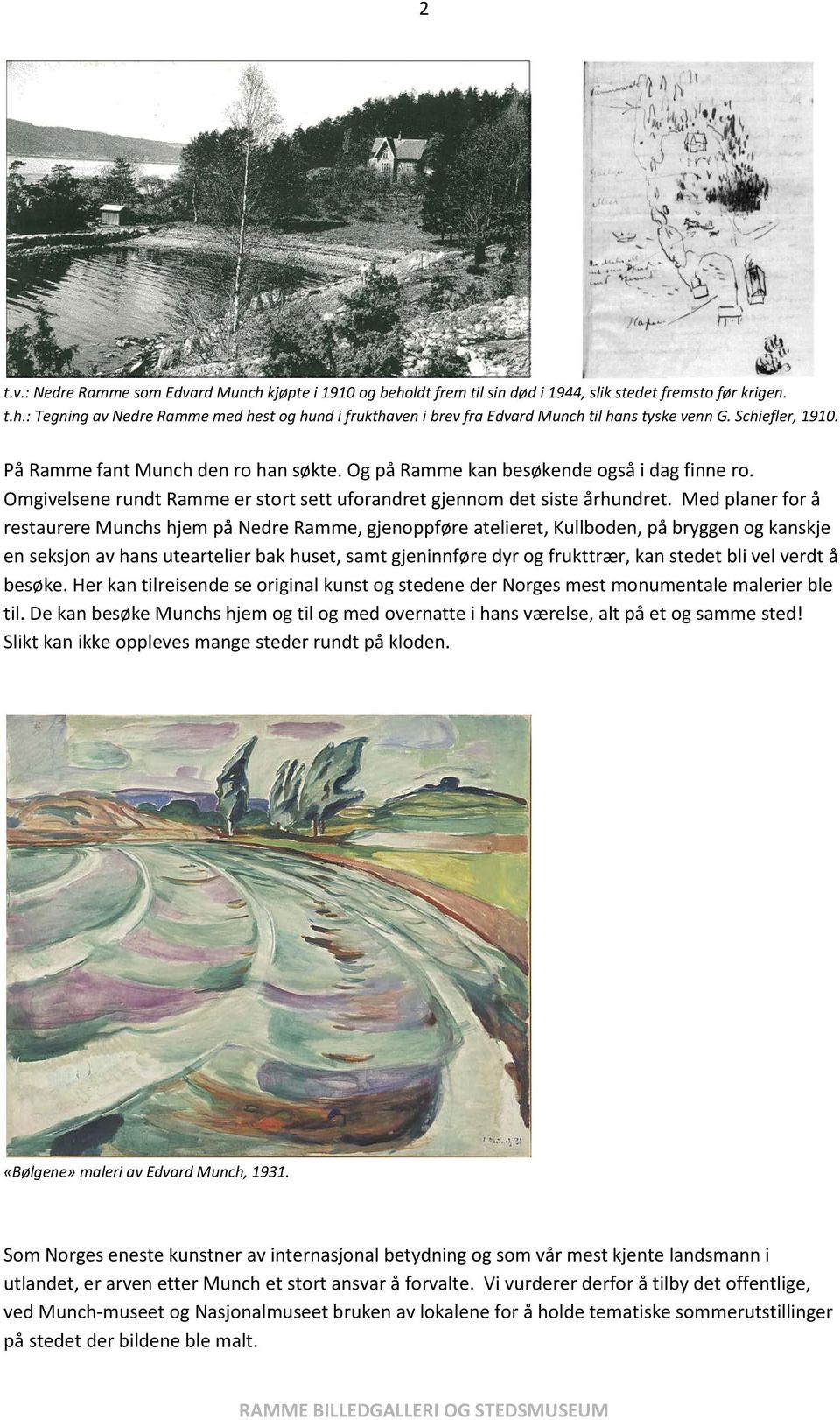 Med planer for å restaurere Munchs hjem på Nedre Ramme, gjenoppføre atelieret, Kullboden, på bryggen og kanskje en seksjon av hans uteartelier bak huset, samt gjeninnføre dyr og frukttrær, kan stedet