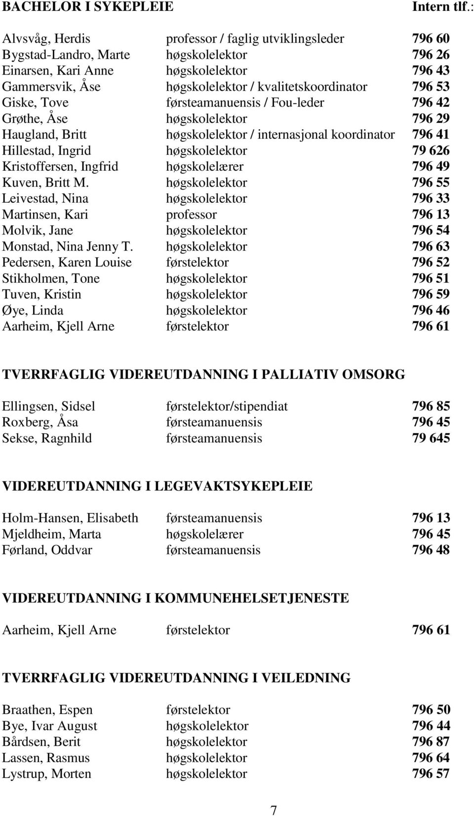 796 53 Giske, Tove førsteamanuensis / Fou-leder 796 42 Grøthe, Åse høgskolelektor 796 29 Haugland, Britt høgskolelektor / internasjonal koordinator 796 41 Hillestad, Ingrid høgskolelektor 79 626