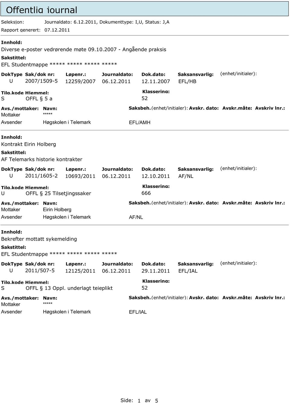 : EFL/AMH Kontrakt Eirin Holberg AF Telemarks historie kontrakter 2011/1605-2 10693/2011 12.10.2011 AF/NL 666 Mottaker Eirin Holberg aksbeh. Avskr.