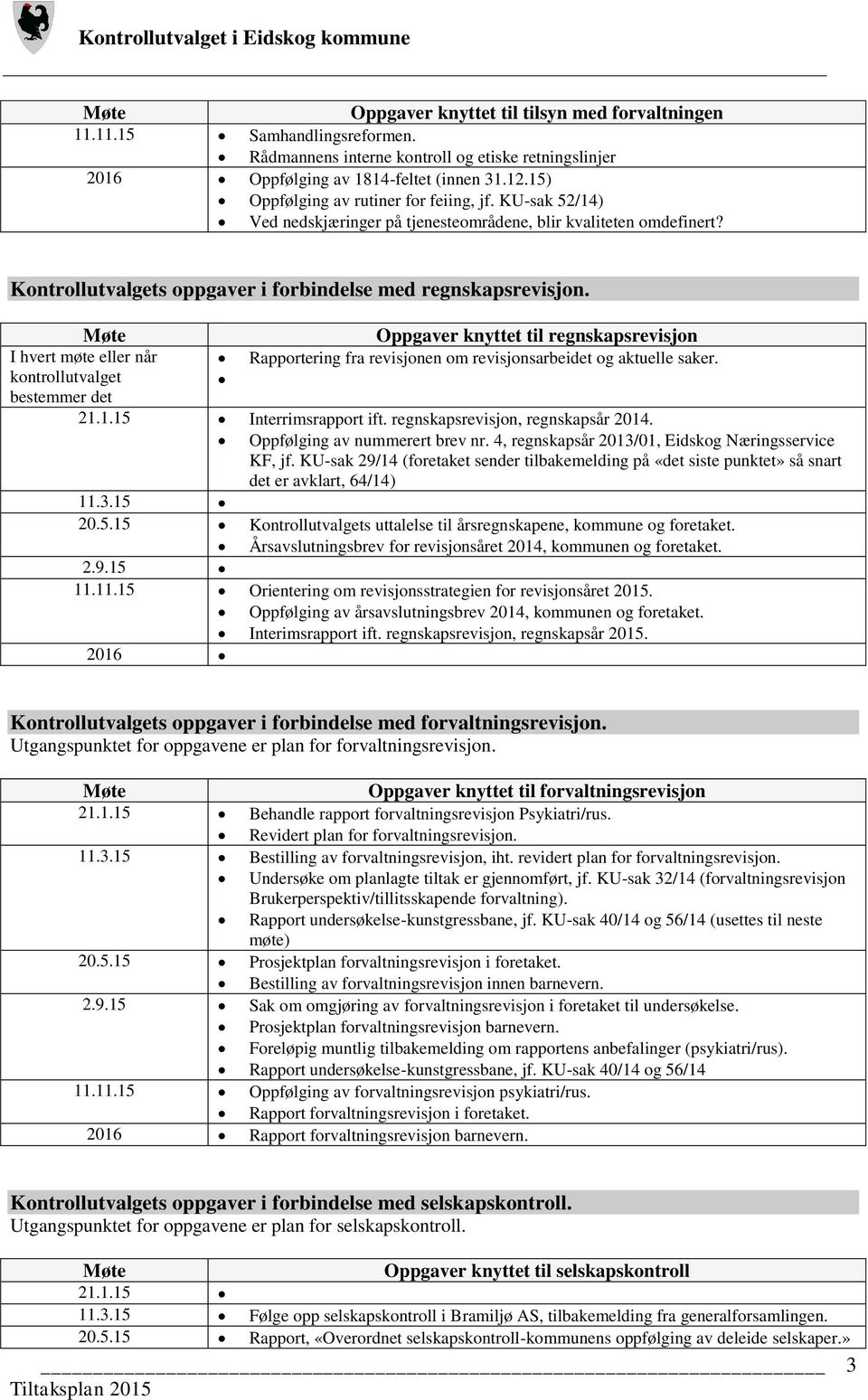 Oppgaver knyttet til regnskapsrevisjon I hvert møte eller når Rapportering fra revisjonen om revisjonsarbeidet og aktuelle saker. 21.1.15 Interrimsrapport ift. regnskapsrevisjon, regnskapsår 2014.