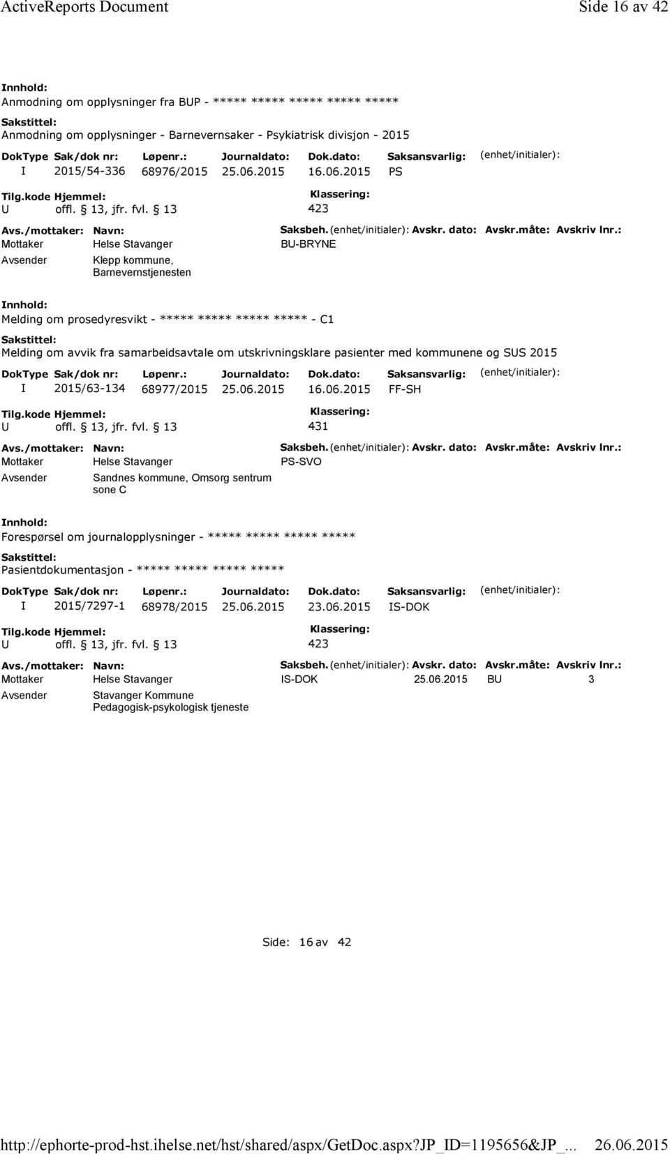 2015 PS Klepp kommune, Barnevernstjenesten Saksbeh. Avskr. dato: Avskr.måte: Avskriv lnr.