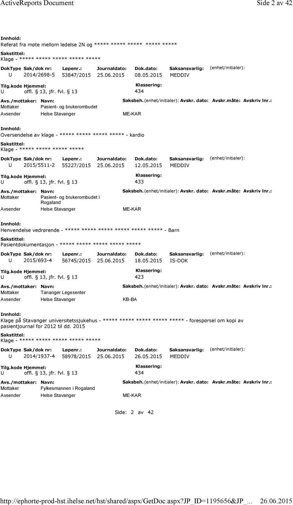 2015 MEDDV 434 Mottaker Pasient- og brukerombudet Saksbeh. Avskr. dato: Avskr.måte: Avskriv lnr.