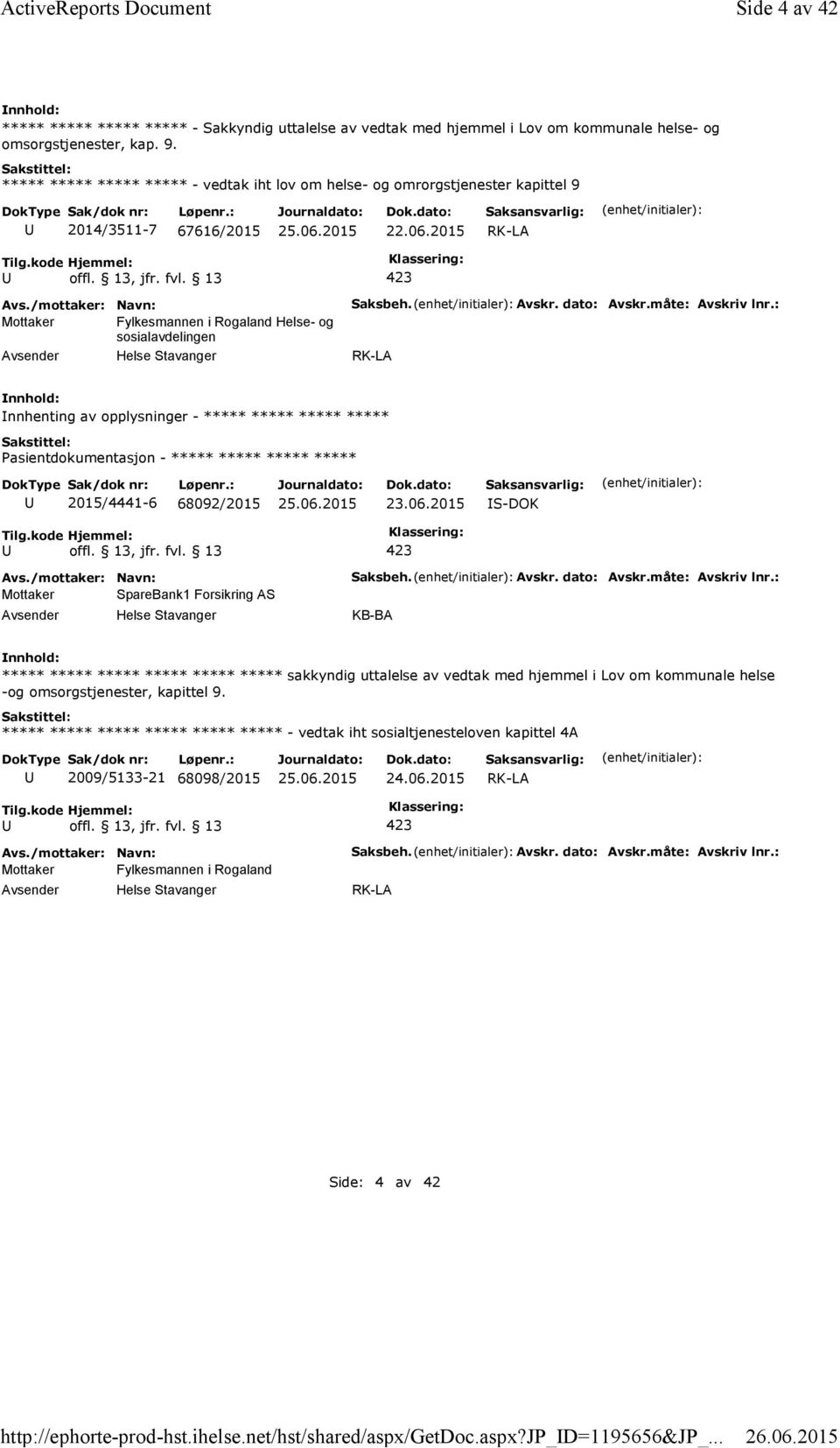 ***** ***** ***** ***** - vedtak iht lov om helse- og omrorgstjenester kapittel 9 2014/3511-7 67616/2015 22.06.2015 RK-LA Mottaker Fylkesmannen i Rogaland Helse- og sosialavdelingen Saksbeh. Avskr.