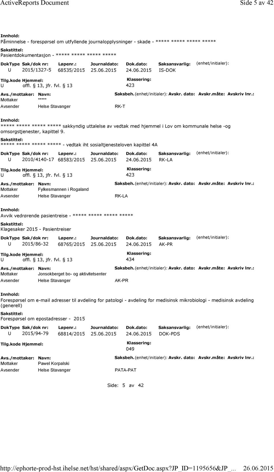 2015 S-DOK Mottaker ***** Saksbeh. Avskr. dato: Avskr.måte: Avskriv lnr.