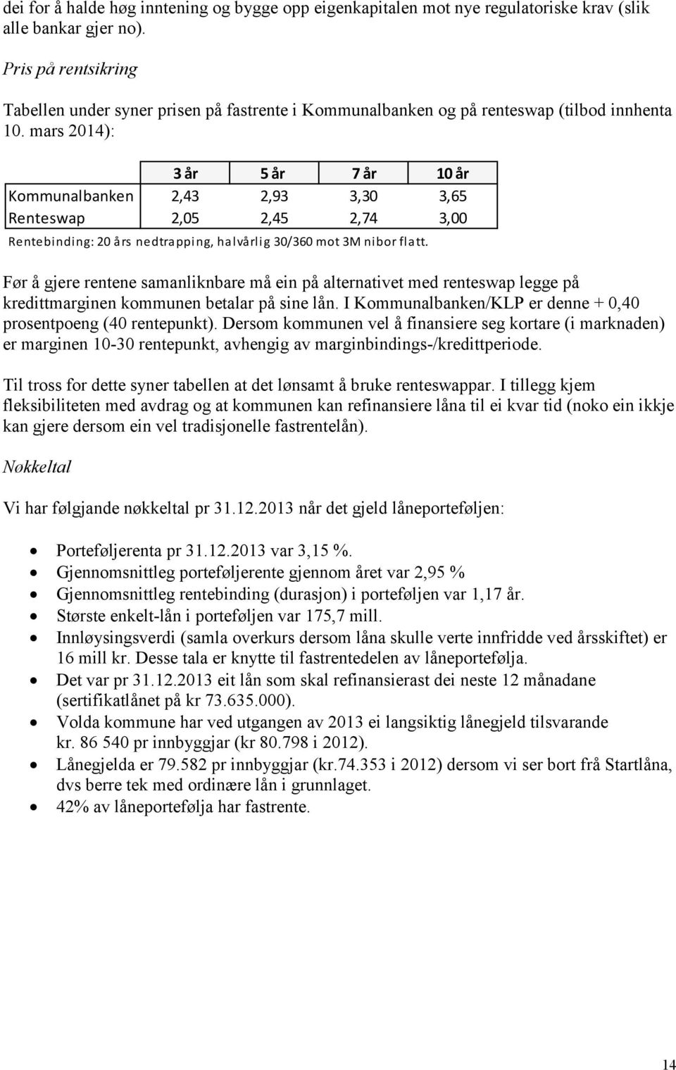 mars 2014): 3 år 5 år 7 år 10 år Kommunalbanken 2,43 2,93 3,30 3,65 Renteswap 2,05 2,45 2,74 3,00 Rentebinding: 20 års nedtrapping, halvårlig 30/360 mot 3M nibor flatt.