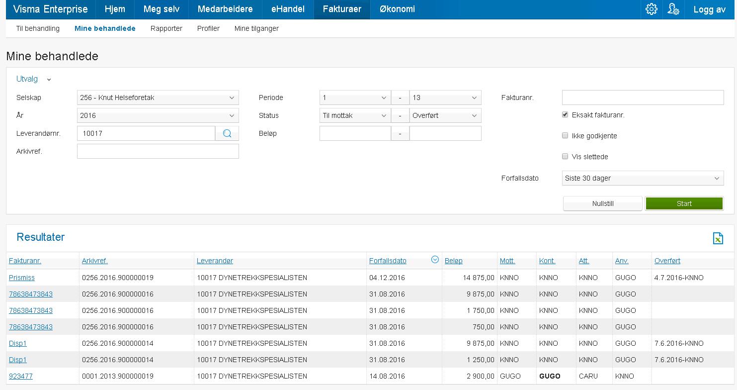 RAPPORTER Mine behandlede Du har tilgang til en rekke rapporter i Visma Enterprise Fakturabehandling. Alle brukere har tilgang til funksjonen «Mine behandlede» under fanen med samme navn.