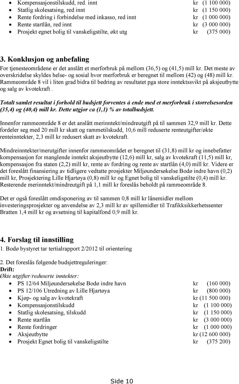 vanskeligstilte, økt utg kr (375 000) 3. Konklusjon og anbefaling For tjenesteområdene er det anslått et merforbruk på mellom (36,5) og (41,5) mill kr.