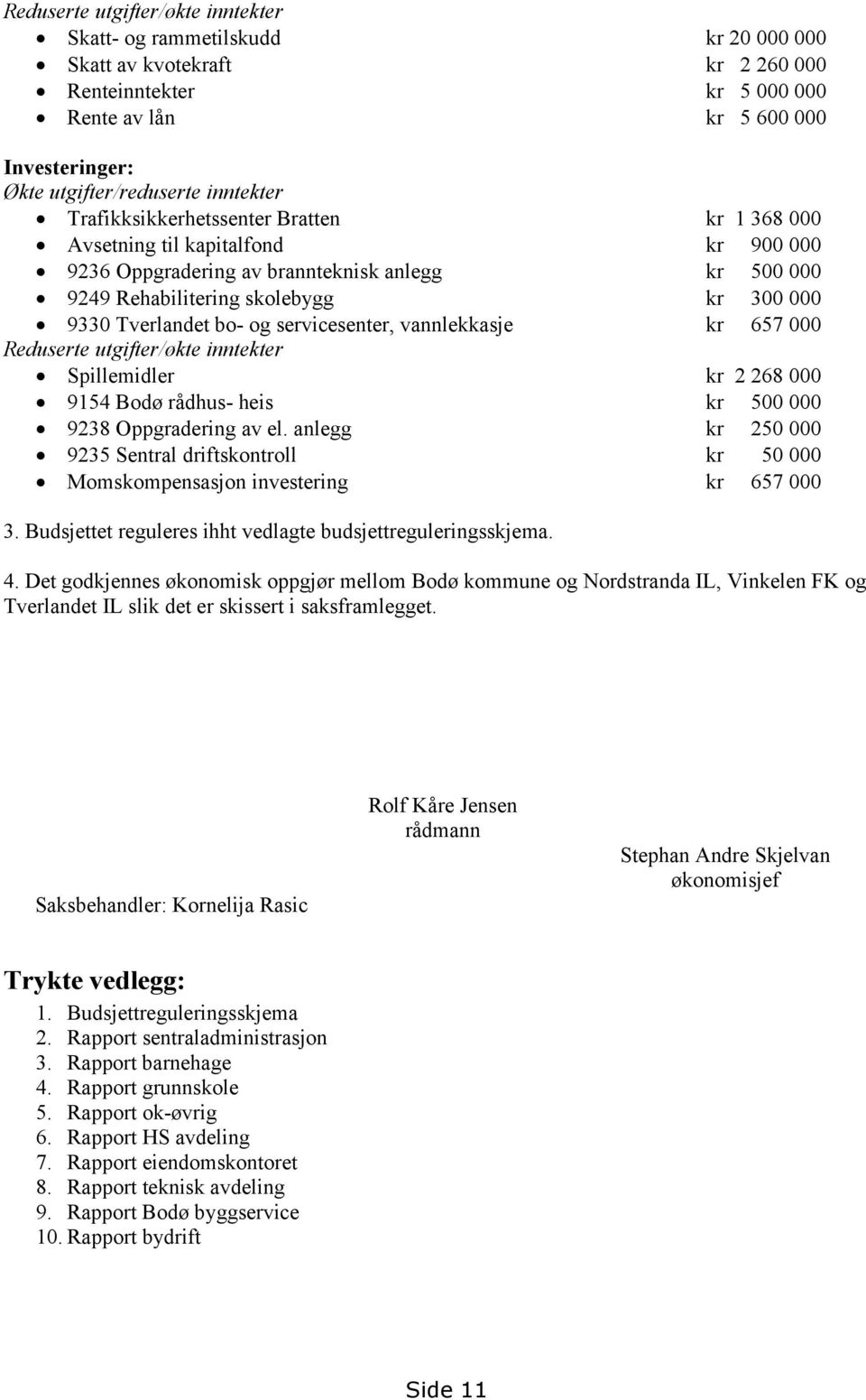 Tverlandet bo- og servicesenter, vannlekkasje kr 657 000 Reduserte utgifter/økte inntekter Spillemidler kr 2 268 000 9154 Bodø rådhus- heis kr 500 000 9238 Oppgradering av el.