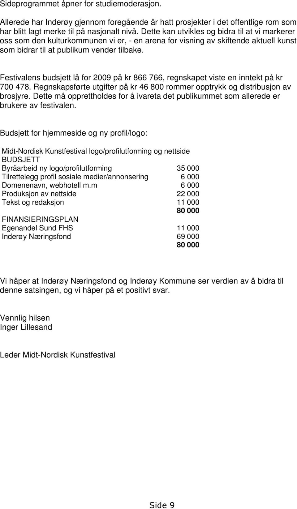 Festivalens budsjett lå for 2009 på kr 866 766, regnskapet viste en inntekt på kr 700 478. Regnskapsførte utgifter på kr 46 800 rommer opptrykk og distribusjon av brosjyre.