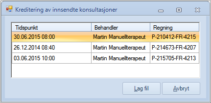 9. Man vil da få opp vinduet «Frie konsultasjoner», hvor systemet foreslår enten å koble de fristilte konsultasjonene på ei ledig regning, eller å opprette ny regning.